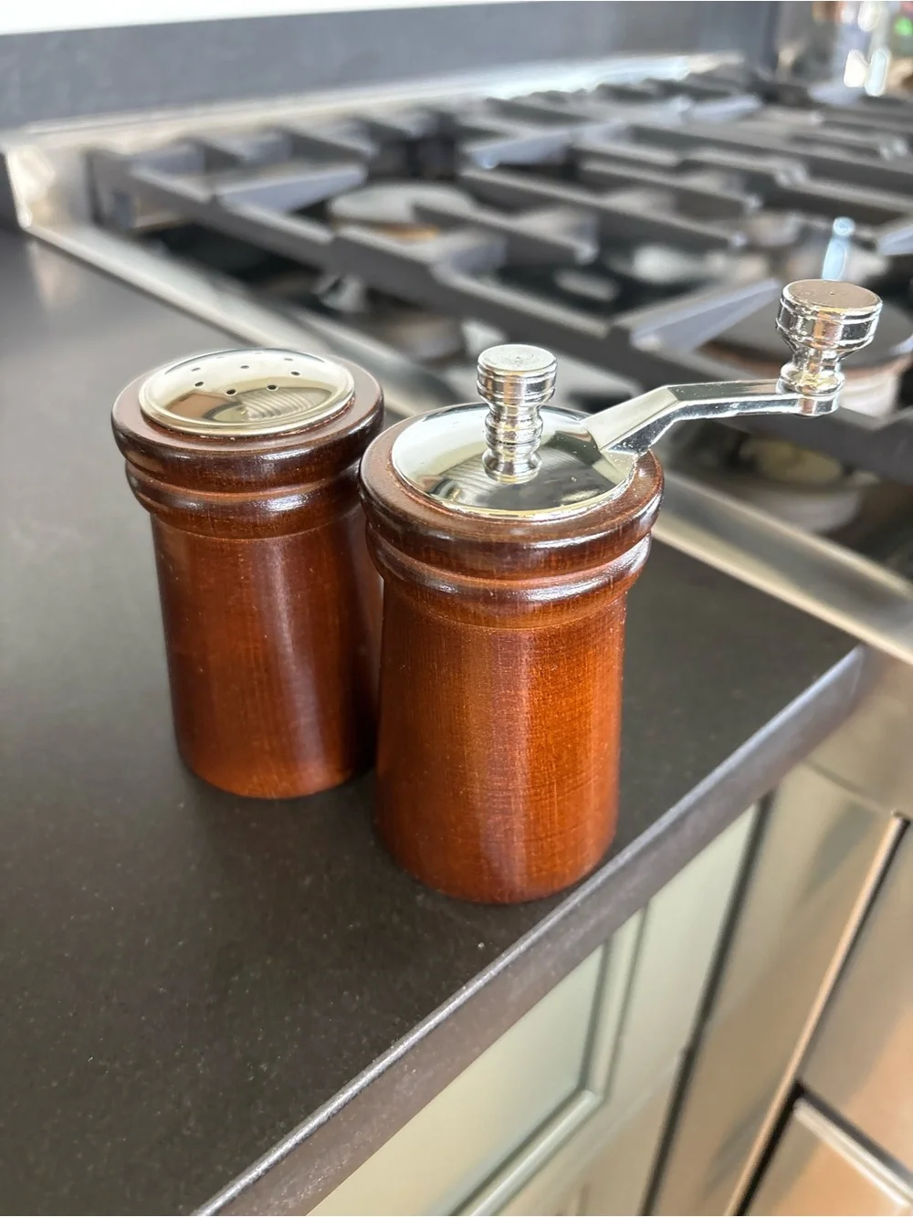 Vintage Wooden Salt And Pepper Mill Set, Bison Walnut Finish, “Olde Thompson”